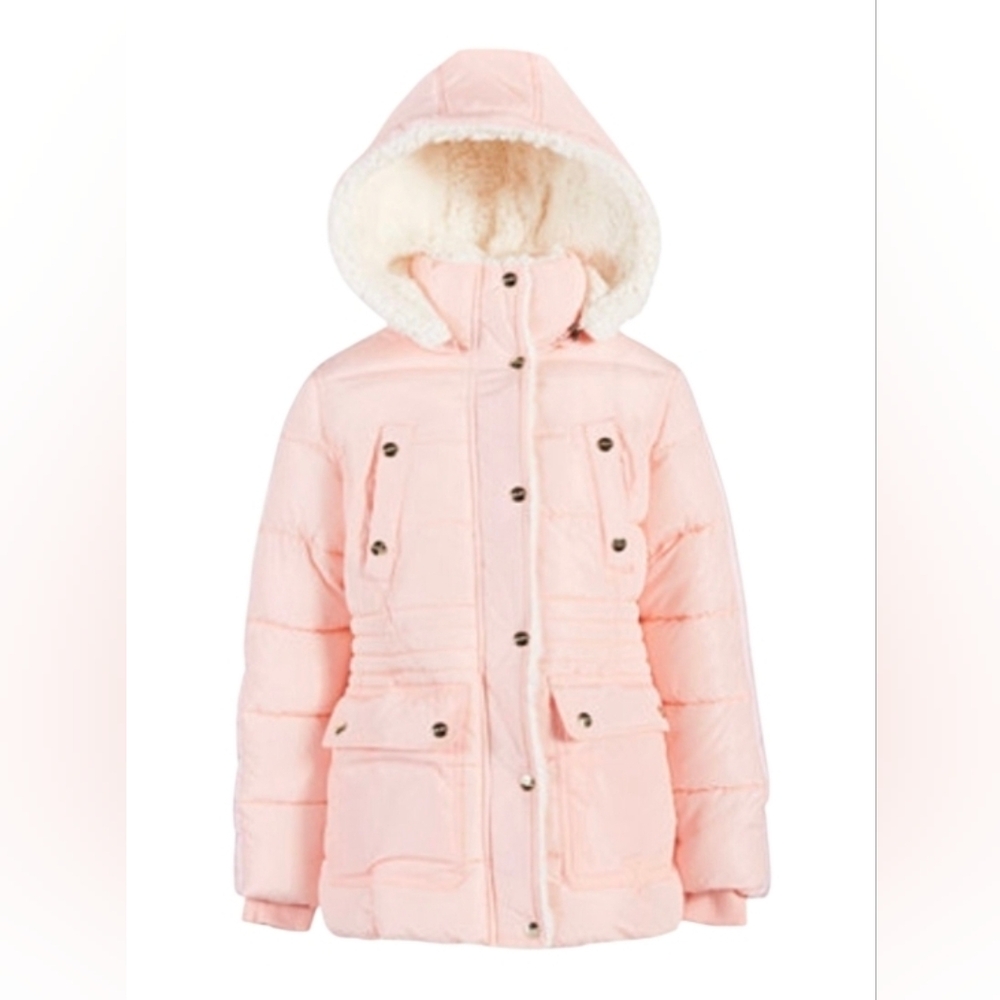 DKNY Pink Puffer Hooded Jacket Quilted Insulated Size M (10-12) Kids *
